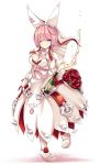  1girl ;) alcohol bangs blue_eyes blush bouquet breasts champagne cleavage cleavage_cutout closed_mouth dress elphelt_valentine flower full_body gloves guilty_gear guilty_gear_xrd hairband highres long_sleeves looking_at_viewer maremay0513 medium_breasts one_eye_closed pink_hair red_rose rose short_hair smile solo spikes standing swept_bangs veil white_dress 