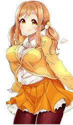  1girl black_legwear blush breasts brown_hair closed_mouth eyebrows_visible_through_hair hair_ornament hairclip kunikida_hanamaru kuzu_kow large_breasts long_sleeves looking_at_viewer love_live! love_live!_sunshine!! medium_hair orange_skirt pantyhose skirt smile solo twintails yellow_eyes 