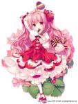  1girl :d blush bow capelet christmas_begonia_(flower_knight_girl) commentary_request dmm dress flower flower_knight_girl full_body hair_ribbon heart long_hair long_sleeves mary_janes morinaga_kobato official_art open_mouth pink_hair red_dress red_eyes red_shoes ribbon shoe_bow shoes simple_background smile solo standing standing_on_one_leg white_background 