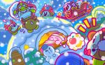  animal_costume beard blush_stickers chilly_(kirby) christmas christmas_tree facial_hair fake_antlers headset king_dedede kirby kirby_(series) meta_knight microphone moon night official_art reindeer_costume sack sleeping sleigh snow snowing stuck waddle_dee 