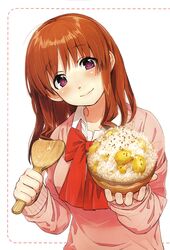  1girl blush bowl brown_hair collarbone eyebrows_visible_through_hair food highres holding holding_bowl kawai_makoto koufuku_graffiti long_sleeves looking_at_viewer machiko_ryou pink_eyes smile solo upper_body 