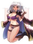  1girl :o belt bikini boots breasts brown_boots brown_gloves cape cleavage ehrrr fire_emblem fire_emblem:_kakusei fire_emblem_heroes full_body gloves highres jewelry large_breasts looking_at_viewer my_unit_(fire_emblem:_kakusei) navel o-ring_bikini o-ring_top pendant red_eyes shiny shiny_hair silver_hair solo swimsuit thigh_strap twitter_username two_side_up 