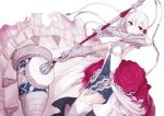  1girl armpits asymmetrical_hair bangs blue_skirt boushi-ya breasts cleavage closed_mouth dress dutch_angle eyebrows_visible_through_hair hammer holding holding_weapon long_dress long_hair pleated_skirt simple_background sinoalice skirt small_breasts snow_white_(sinoalice) solo thigh-highs weapon white_background white_dress white_legwear 