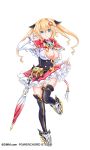  1girl artist_request blonde_hair breasts cleavage_cutout drill_senki full_body highres imura_kumi large_breasts quad_tails skirt_hold skull_shoes solo standing standing_on_one_leg thigh-highs transparent_background umbrella 