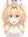  1girl animal_ears bare_shoulders blonde_hair blush bow bowtie breasts crying crying_with_eyes_open elbow_gloves gloves kemono_friends looking_at_viewer medium_breasts open_mouth serval_(kemono_friends) serval_ears shirt sleeveless sleeveless_shirt solo tears ulrich_(tagaragakuin) white_shirt yellow_eyes 