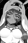  1girl blush commentary_request dark_skin earrings facial_mark fate/grand_order fate_(series) greyscale hoop_earrings hyouju_issei jewelry looking_at_viewer monochrome necklace nitocris_(fate/grand_order) swimsuit upper_body 