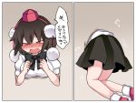  &gt;_&lt; 1girl black_hair blush bow breasts closed_eyes commentary_request hammer_(sunset_beach) hat medium_breasts open_mouth shameimaru_aya short_hair skirt solo stuck through_wall tokin_hat touhou translation_request 