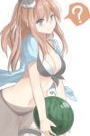  10s 1girl ? blue_eyes blush breasts brown_hair eyebrows_visible_through_hair food fruit highres holding holding_food kantai_collection large_breasts long_hair looking_at_viewer navel saratoga_(kantai_collection) smile solo speech_bubble spoken_question_mark tiasis watermelon 