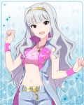  1girl artist_request bangs bare_shoulders belt breasts cleavage hairband idolmaster idolmaster_million_live! idolmaster_million_live!_theater_days long_hair looking_at_viewer midriff navel official_art open_mouth pants shijou_takane silver_hair sleeveless smile solo violet_eyes wavy_hair 
