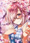  1girl black-framed_eyewear casual cherry_blossoms eyebrows_visible_through_hair fate/grand_order fate_(series) glasses hair_over_one_eye looking_at_viewer moze petals purple_hair shielder_(fate/grand_order) short_hair tree violet_eyes 