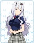  1girl artist_request bangs belt breasts checkered checkered_skirt grey_skirt hairband idolmaster idolmaster_million_live! idolmaster_million_live!_theater_days long_hair looking_at_viewer official_art puffy_short_sleeves puffy_sleeves ribbon shijou_takane short_sleeves silver_hair skirt smile solo violet_eyes wavy_hair 