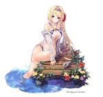  1girl bare_legs bare_shoulders bikini blonde_hair blue_eyes bracelet braid breasts cleavage cleavage_cutout collarbone company_name crown dare_ga_tame_no_alchemist dock eyebrows_visible_through_hair flower hair_flower hair_ornament hairband highres jewelry large_breasts long_hair looking_at_viewer official_art partially_submerged pink_lips seashell see-through shell side_braid sitting smile swimsuit water wet wet_clothes yauras_(dare_ga_tame_no_alchemist) 