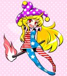  1girl aizawa_(teaminazuma) american_flag_dress american_flag_legwear animal_ears animated animated_gif blonde_hair clownpiece dress fire full_body hat jester_cap long_hair looking_at_viewer neck_ruff pantyhose polka_dot red_eyes short_dress sleeveless sleeveless_dress smile solo star star_print striped teeth torch touhou 