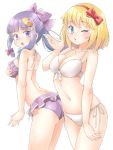  2girls alice_margatroid arnest ass bikini blonde_hair blue_eyes bow breasts cleavage commentary_request hair_bow large_breasts long_hair multiple_girls navel one_eye_closed patchouli_knowledge purple_bikini purple_bow purple_hair red_bow short_hair side-tie_bikini simple_background standing swimsuit touhou violet_eyes white_background white_bikini 