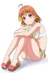  1girl ahoge bangs bikini blush bow braid commentary_request crossed_arms elbows_on_knees eyebrows_visible_through_hair feet flower hair_bow hair_flower hair_ornament knees_up looking_at_viewer love_live! love_live!_sunshine!! orange_hair red_eyes sandals side_braid simple_background sitting smile solo swimsuit takami_chika toes white_background yellow_bow yopparai_oni 