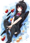  1girl ahoge bangs bent_knees black_dress black_hair black_legwear blush bow bowtie closed_mouth dress heart highres houjuu_nue looking_at_viewer maremay0513 no_wings red_bow red_bowtie red_eyes short_sleeves solo thigh-highs touhou v_arms 