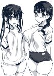  2girls :d arms_behind_back asanagi braid breasts buruma cowboy_shot erect_nipples fang glasses greyscale gym_uniform hair_over_shoulder hand_on_hip large_breasts long_hair looking_at_viewer monochrome multiple_girls no_bra open_mouth original simple_background small_breasts smile thigh-highs twintails white_background 