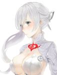  1girl asymmetrical_hair backlighting bangs blue_eyes blush breasts cleavage closed_mouth from_side grey_hair large_breasts long_hair sidelocks simple_background sinoalice snow_white_(sinoalice) solo starry_babe white_background 