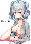  10s 1girl blue_eyes breasts collarbone grey_shirt hair_between_eyes henet_hene kantai_collection kashima_(kantai_collection) large_breasts long_sleeves no_hat no_headwear open_clothes open_shirt shirt short_hair silver_hair simple_background smile solo twitter_username two_side_up white_background 