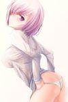  1girl adjusting_clothes adjusting_panties ahsiu arched_back ass breasts butt_crack contrapposto dressing erect_nipples eyelashes fate/grand_order fate_(series) highres lavender_hair looking_back panties shielder_(fate/grand_order) shirt short_hair simple_background solo underwear violet_eyes white_background 