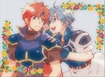  1boy 1girl armor blue_eyes blue_hair breastplate cape fingerless_gloves fire_emblem fire_emblem:_fuuin_no_tsurugi floral_background gloves highres pauldrons redhead roy_(fire_emblem) simple_background smile thany whispering 