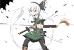  1girl black_gloves boots brown_boots brown_eyes eyebrows_visible_through_hair fingerless_gloves gloves holding holding_sword holding_weapon knee_boots konpaku_youmu konpaku_youmu_(ghost) looking_at_viewer parted_lips sheath sheathed short_hair smile solo sword teeth touhou weapon white_hair yiran_kuxiao 