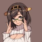 10s 1girl adjusting_glasses bangs blue_eyes breasts brown_background brown_hair closed_mouth glasses green-framed_eyewear hairband headgear kantai_collection kirishima_(kantai_collection) kugi_ta_hori_taira large_breasts lips long_sleeves looking_away meme_attire open-chest_sweater ribbed_sweater semi-rimless_glasses short_hair simple_background smile solo sweater swept_bangs turtleneck turtleneck_sweater under-rim_glasses upper_body 