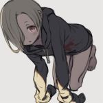  1girl :o all_fours barefoot blonde_hair blush hair_over_one_eye hands_in_sleeves hood hood_down hoodie idolmaster idolmaster_cinderella_girls kuroboshi_kouhaku looking_at_viewer naked_hoodie piercing red_eyes shirasaka_koume short_hair simple_background sketch sleeves_past_wrists solo 