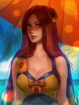  1girl absurdres alternate_costume artist_name bare_shoulders blush bow breasts brown_eyes brown_hair cleavage daria_leonova day flower hair_flower hair_ornament highres large_breasts league_of_legends leona_(league_of_legends) lips long_hair looking_at_viewer md5_mismatch parted_lips pool_party_leona resized solo sunflower sunflower_hair_ornament umbrella upscaled 