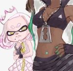 +_+ 2girls aqua_hair bare_shoulders black_hair breast_envy breasts cleavage close-up collarbone crop_top crown dark_skin dress envy fingerless_gloves gloves hand_on_hip hand_on_own_chin marina_(splatoon) midriff mole mole_under_mouth multicolored_hair multiple_girls navel navel_piercing octarian partially_unzipped pearl_(splatoon) piercing pink_hair short_eyebrows simple_background sleeveless sleeveless_dress splatoon splatoon_2 stomach symbol-shaped_pupils tentacle_hair thinking two-tone_hair white_background white_hair yellow_eyes zipper zipper_pull_tab
