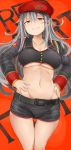  10s 1girl absurdres belt blush breasts cleavage command_and_conquer gangut_(kantai_collection) gluteal_fold grey_hair groin hair_between_eyes hammer_and_sickle hands_on_hips highres kantai_collection long_hair midriff navel okiraku_nikku red_background red_eyes short_shorts shorts smirk solo thigh_gap thighs under_boob 