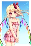  1girl :o alternate_costume bare_arms bare_shoulders blonde_hair blue_background collarbone contrapposto cowboy_shot flandre_scarlet food_print hands_together head_tilt highres interlocked_fingers looking_at_viewer red_eyes short_hair side_ponytail standing strawberry_print suzu_(minagi) swimsuit touhou wind wings 