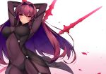  armpits arms_up blush bodysuit breasts covered_navel dean fate/grand_order fate_(series) gae_bolg highres large_breasts long_hair looking_at_viewer polearm purple_bodysuit purple_hair red_eyes scathach_(fate/grand_order) spear weapon 