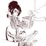  1girl animal animal_on_shoulder bird bird_nest black_hair bone coccyx_nest curtains egg gammatelier glasses indoors legs_crossed monochrome monster_girl original pillow ponytail reading ribs skeleton upside-down_book window 