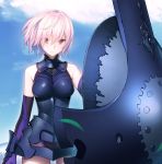 1girl armor bare_shoulders clouds elbow_gloves fate/grand_order fate_(series) gloves groin lavender_hair shield shielder_(fate/grand_order) sky solo violet_eyes yangsion 
