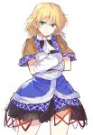  1girl abusoru arm_warmers black_skirt blonde_hair blue_skirt crossed_arms green_eyes highres looking_at_viewer miniskirt mizuhashi_parsee pointy_ears short_hair simple_background sketch skirt solo standing touhou white_background 