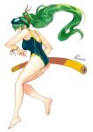  1girl absurdres ass blush breasts fire_emblem fire_emblem:_rekka_no_ken fire_emblem_heroes green_eyes green_hair high_ponytail highres long_hair lyndis_(fire_emblem) one-piece_swimsuit ponytail solo swimsuit very_long_hair 