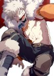  1boy :d abs bakugou_katsuki bare_chest belt boku_no_hero_academia boots cape earrings fur_trim jewelry looking_at_viewer male_focus maneki-neko_(fujifuji) navel necklace open_mouth pants red_eyes silver_hair simple_background smile spiky_hair stomach teeth topless white_background wide-eyed 