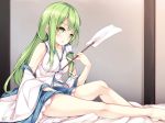  1girl bare_legs bare_shoulders barefoot belly_peek blue_skirt blush breasts collarbone collared_shirt detached_sleeves frilled_skirt frills frog_hair_ornament from_side gohei green_eyes green_hair hair_ornament hair_tubes highres kochiya_sanae long_hair looking_at_viewer looking_to_the_side maremay0513 medium_breasts navel nontraditional_miko parted_lips shirt sidelocks sitting skirt sleeveless sleeveless_shirt snake_hair_ornament solo touhou white_shirt wide_sleeves 