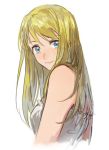 1girl bare_arms bare_shoulders blonde_hair blue_eyes fullmetal_alchemist long_hair looking_at_viewer looking_back riru shirt simple_background smile solo_focus white_background white_shirt winry_rockbell 