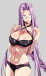  1girl arm_behind_back bare_shoulders bikini black-framed_eyewear black_bikini braid breasts cleavage cowboy_shot erect_nipples erect_nipples_under_clothes eyebrows_visible_through_hair eyes_visible_through_hair facial_mark fate/stay_night fate_(series) forehead_mark glasses grey_background highres large_breasts lips long_hair looking_to_the_side navel parted_lips playing_with_own_hair purple_hair rider semi-rimless_glasses shiny shiny_clothes shiny_hair shiny_skin simple_background single_braid solo standing swimsuit very_long_hair violet_eyes wankoro_mochi 