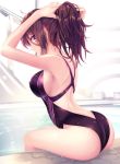  1girl ass breasts brown_eyes brown_hair butt_crack erect_nipples haruka_natsuki long_hair looking_back mouth_hold one-piece_swimsuit original ponytail pool profile sideboob solo swimsuit tying_hair wet wet_clothes 