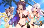  +_+ 3girls ball barcode_tattoo bare_shoulders beach beachball benghuai_xueyuan bikini black_bikini blue_eyes blue_sky blue_swimsuit bow breasts bronya_zaychik cleavage clouds cloudy_sky collarbone contrapposto copyright_name cowboy_shot day drill_hair drooling flat_chest grey_eyes grey_hair hair_bow hair_ornament hair_twirling hairband highres kiana_kaslana large_breasts lens lips long_hair looking_away low_twintails multiple_girls navel object_hug official_art outdoors palm_tree parted_lips purple_hair raiden_mei sailor_bikini sailor_collar school_swimsuit sky sparkling_eyes strapless strapless_bikini stuffed_animal stuffed_toy sunlight swimsuit tattoo thigh_gap tree twin_drills twintails violet_eyes white_hair wristband 