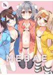  3girls :t artist_name bangs bikini black_bikini black_legwear blonde_hair blue_eyes blush breasts brown_hair closed_mouth collarbone cover cover_page doujin_cover eyebrows_visible_through_hair flat_chest grey_hair hair_between_eyes hair_bobbles hair_ornament highres hinomi_(hisaka_hazara) hisaka_hazara hood hoodie kanomi_(hisaka_hazara) kneeling long_hair looking_at_viewer medium_breasts multiple_girls navel open_clothes open_hoodie original pout red_eyes sidelocks small_breasts striped striped_legwear swimsuit thigh-highs twintails two_side_up white_legwear yellow_eyes 