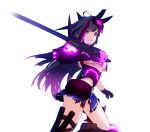  3d benghuai_xueyuan black_eyes black_gloves black_hair boots breasts contrapposto crop_top crop_top_overhang from_side gloves glowing knee_boots leg_up looking_at_viewer mask mask_on_head official_art parted_lips raiden_mei ribbon_trim single_gauntlet single_glove skirt sword thigh_strap torn_clothes torn_skirt transparent_background under_boob underbust weapon 