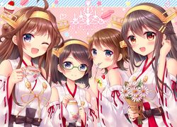  10s 4girls black_hair blue_eyes bouquet brown_eyes cake cup flower food fork glasses hair_ornament hairband hairclip haruna_(kantai_collection) headgear hiei_(kantai_collection) japanese_clothes kantai_collection kirishima_(kantai_collection) kongou_(kantai_collection) long_hair macaron mamekosora multiple_girls nontraditional_miko one_eye_closed smile tea teacup teapot 