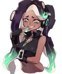 1girl aqua_eyes bare_shoulders black_gloves black_hair breasts cleavage crop_top dark_skin finger_to_mouth fingerless_gloves gloves green_hair long_hair looking_at_viewer makeup marina_(splatoon) mascara midriff mole mole_under_mouth multicolored_hair navel octarian simple_background sleeveless smile solo splatoon splatoon_2 stomach symbol-shaped_pupils teeth tentacle two-tone_hair white_background zipper