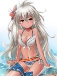  1girl ahoge arm_support bare_arms bare_shoulders bikini blush breasts closed_mouth collarbone dark_skin feather_trim flower granblue_fantasy hair_between_eyes hair_flower hair_ornament halter_top halterneck kei_kei long_hair looking_at_viewer medium_breasts navel partially_submerged red_eyes sarong side-tie_bikini silver_hair sitting smile solo stomach swimsuit the_order_grande twitter_username very_long_hair wariza white_bikini 