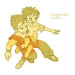  1boy 1girl black_hair boots carrying copyright_name couple dougi dragon_ball dragonball_z hand_on_another&#039;s_hip hetero looking_away na_(mu33) open_mouth shirt short_hair shorts simple_background smile son_gohan videl white_background white_shirt wristband 