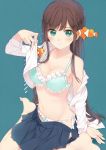  amamiya_chiharu bra brown_hair clownfish fish green_background green_bra green_eyes green_panties long_hair original panties underwear undressing 